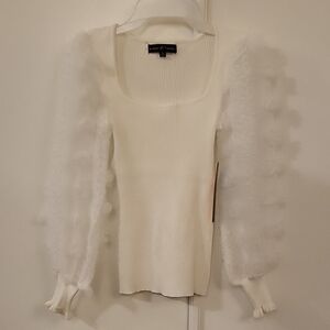 NWT Almost Famous Ivory Ribbed Top with Sheer Sleeves